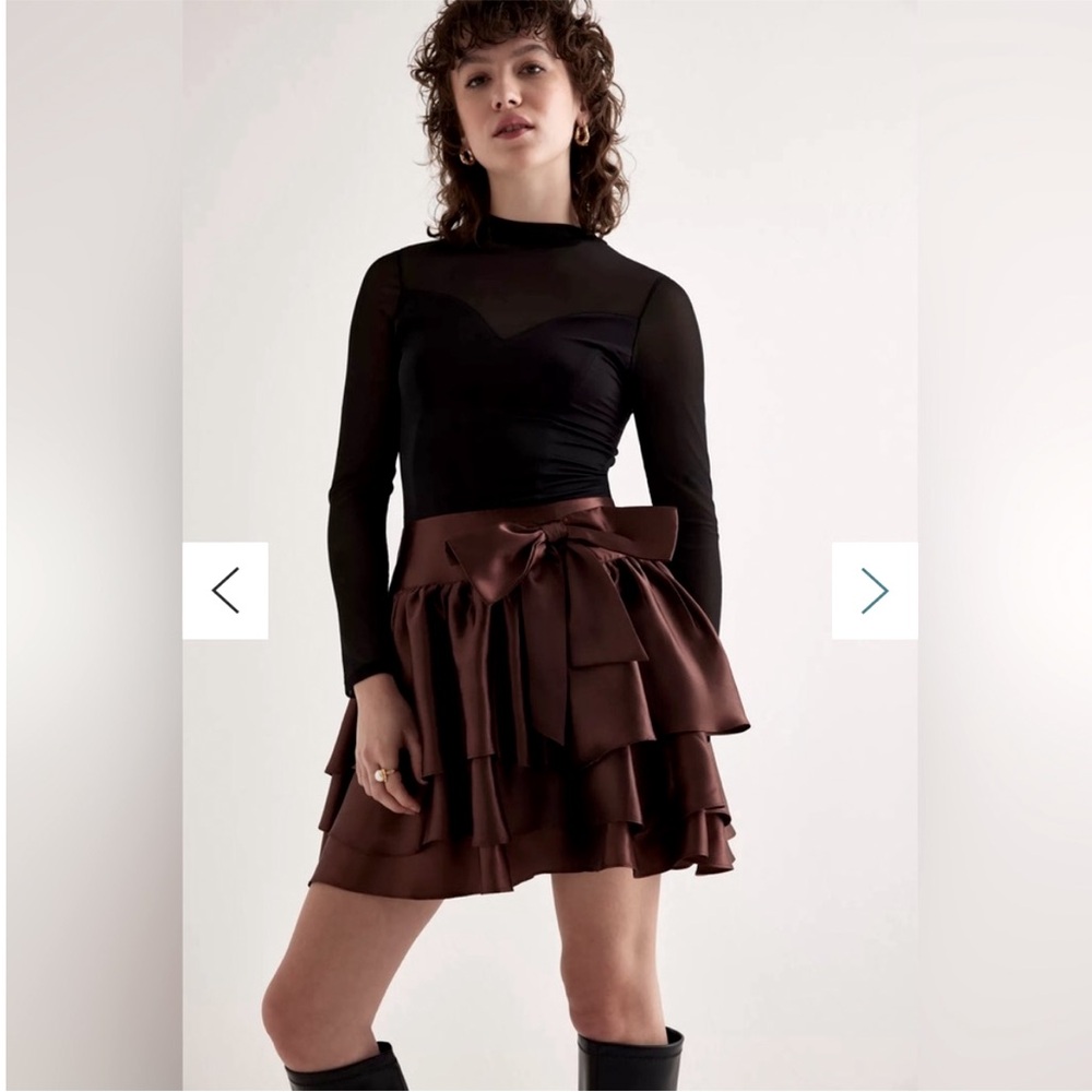 Anthro Nikasha Ruffled Bow High Waisted Skirt Silky Chocolate Brown sz Small